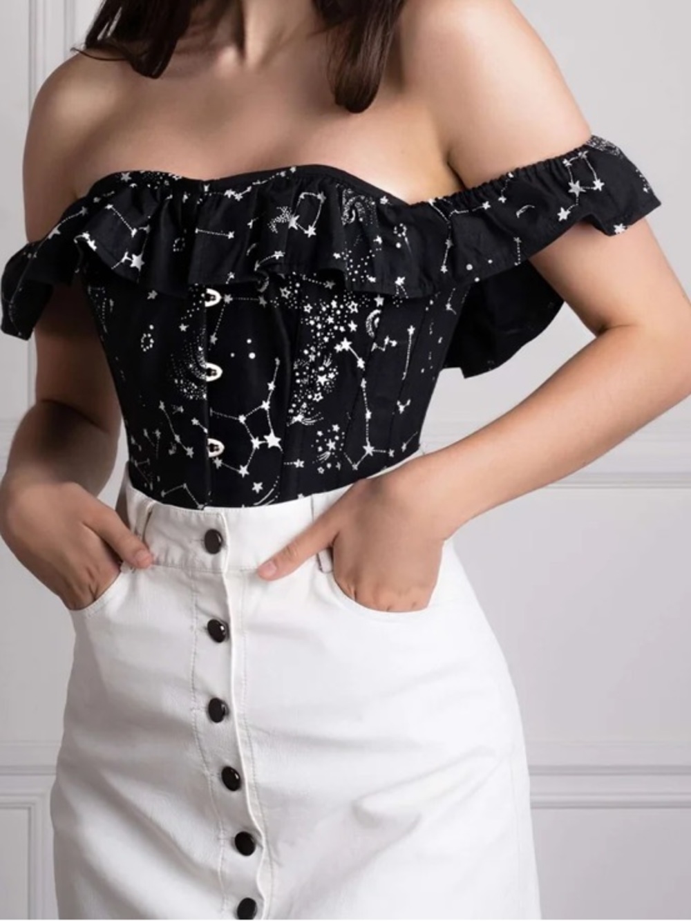 Corset Story - Cotton Astronomy Print Sleeved Corset Top